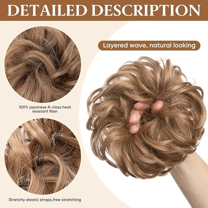 CJL HAIR Large Messy Bun Hair Piece Wavy Curly Scrunchies Synthetic Chignon Ponytail Hair Extensions Thick Updo Hairpieces for Women Light Champagne
