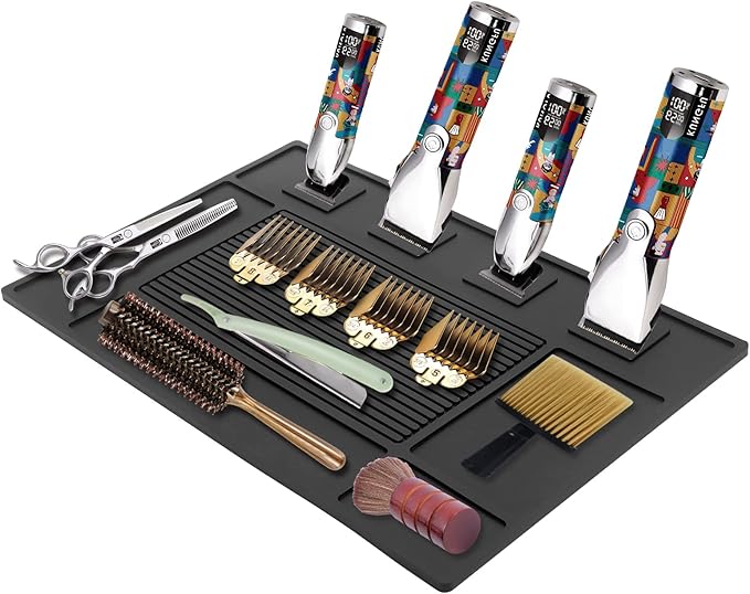 MoyRetty Magnetic Barber Organizer Mat for Clippers(17.7'' x 11.8''), Professional Anti-Slip Heat-Resistant Silicone Pad for Hair Stylist Supplies- 4 Magnets