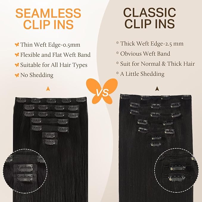 DOORES Hair Extensions Seamless Clip in Human Hair, Natural Black 24 Inch 160g 7pcs, Seamless Clip in Extensions Remy with Thin Weft Thick Invisi Edge Weft