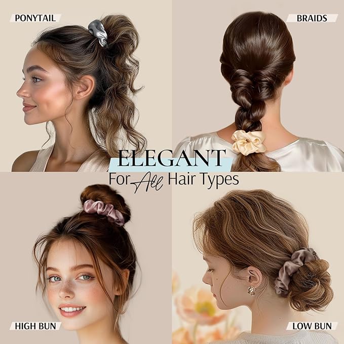 Zenssia Silk Scrunchies for Hair, Mulberry Silk Hair Ties for Women and Girls, No Damage Elastic Ponytail Holders（Black, Champagne, Light Plum）