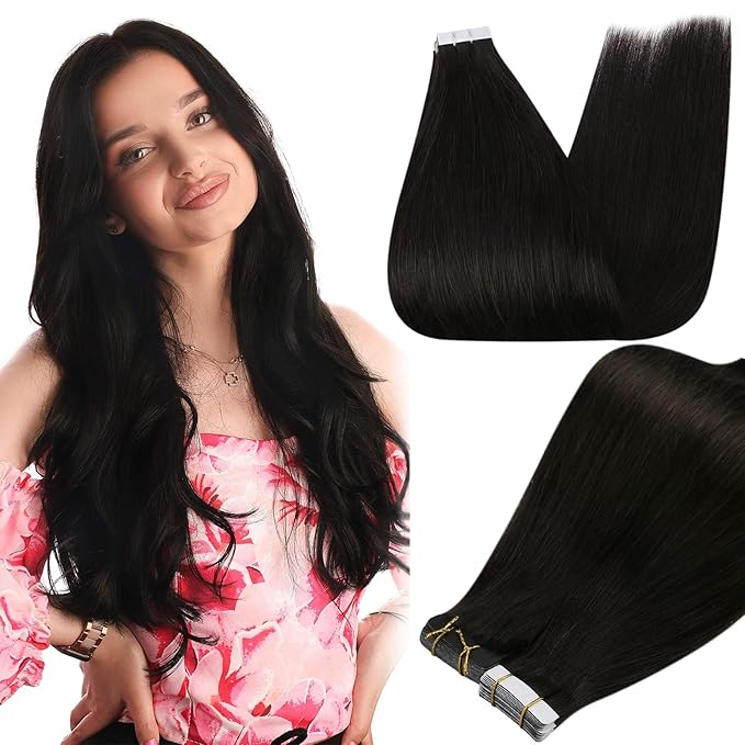 Full Shine Tape in Hair Extensions Human Hair 14Inch Black Remy Human Hair Extensions Invisible Color 1B Natural Tape in Extensions Real Human Hair 20Pcs 50G Double Sided Hair Extension Tape ins