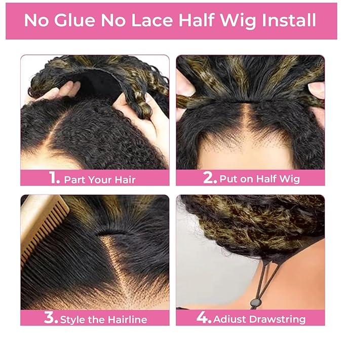 Kinky Curly Half Wig Human Hair 200% Density Ombre Wear Go Glueless Wigs Human Hair Hightlight Blonde Curly 3 In 1 Half Wigs for Women Drawstring Seamless Flip Headband Wig Beginner Friendly 18 Inch