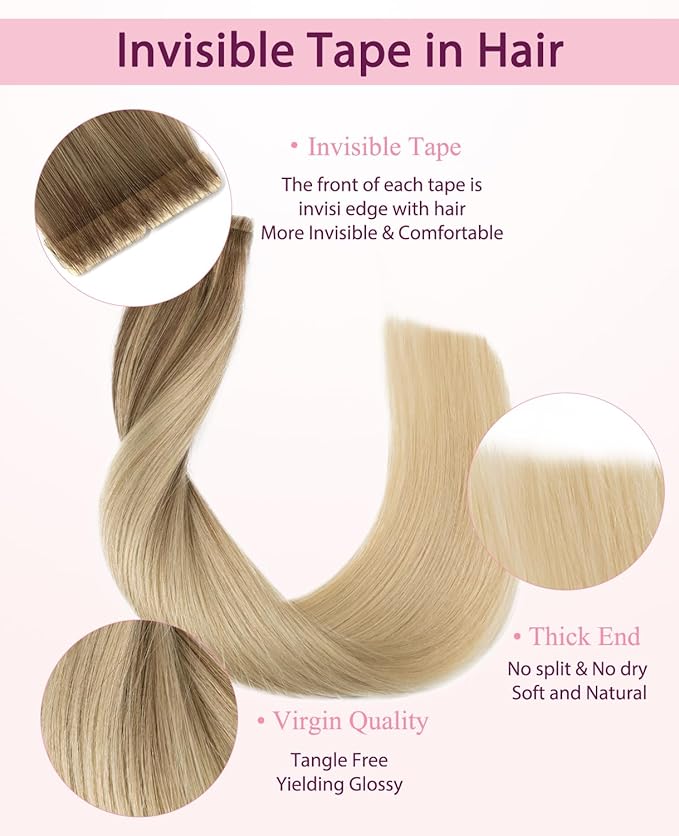 Pinkpearl Invisible Tape in Hair Extensions Human Hair, 20pcs 14inch 40g #8T60 Balayage Ash Brown to Platinum Blonde Injection Tape in Extensions Real Remy Seamless Human Hair Injected