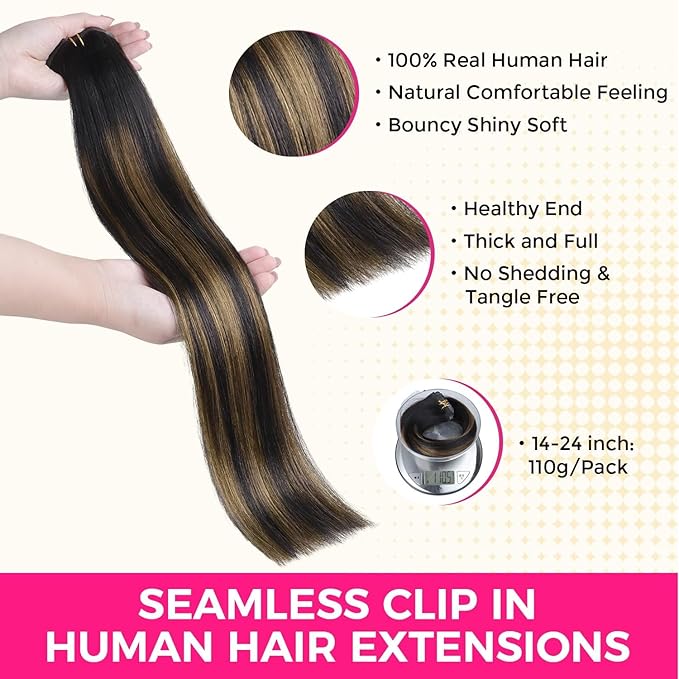 Lashey Hair Seamless Clip in Hair Extensions Human Hair 18 Inch 110g 7pcs Light Yaki Straight Human Hair Clip in Extensions Natural Black Mixed Chestnut Brown Hair Extensions for Women