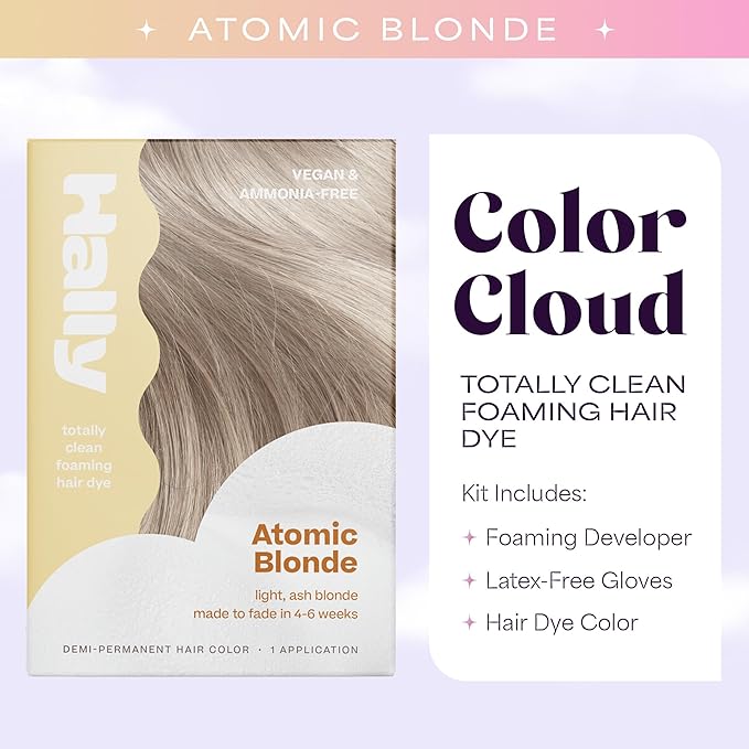 Hally Hair Color Cloud Hair Dye (Atomic Blonde) - Demi-Permanent Foam Hair Color for Women & Men - Mess-Free & Long-Lasting Hair Dye Kit, Hair Coloring Products Wash Out in 4-6 Weeks, Vegan