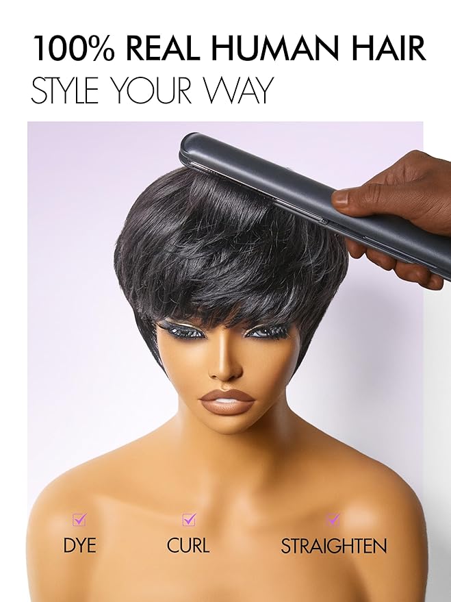 LUVME HAIR Ultra Comfort Throw On & Go Short Pixie Cut with Bangs 5 Inches Skin Friendly Cotton Cap 100% Real Human Hair Glueless Wig Glueless Wig Hair Loss Friendly Full Machine Made 22.5 Wig Cap