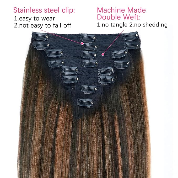 Yaki Straight Clip ins Real Human Hair Extensions For Women Highlight Hair Extensions Yaki Straight Clip in Hair Extensions(12inch,T1BP1B/30)