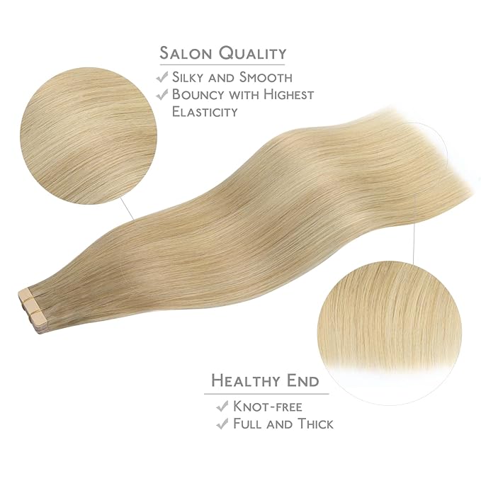 WENNALIFE Tape in Hair Extensions Human Hair, 20pcs 30g 10 inch Balayage Dirty Blonde to White Blonde Remy Hair Extensions Straight Human Hair Tape in Extensions Skin Weft Tape Extensions Human Hair
