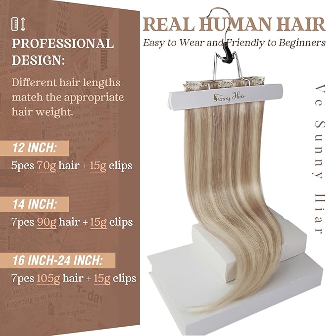 Ve Sunny 24 inch Hair Extensions Clip in Lightest Brown mit Platinum Blonde Clip in Hair Extensions Real Human Hair Remy Hair Extensions Clip ins for Women 120g