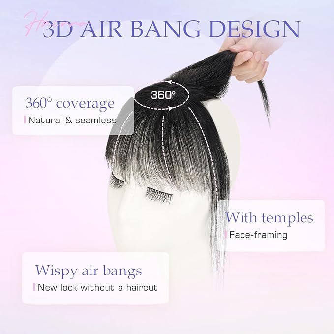 Hairro Clip On Bangs Human Hair Bangs Hair Clip In Bangs 3D 360°Cover Topper With Bangs Wispy Air Bangs Hair Pieces Fake Bangs For Women 8 Inches 10g #01 Dark Black