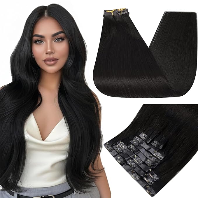 Full Shine Black Hair Extension Clip ins 20 Inch Seamless Human Hair Clip in Extensions for Black Woman Black Clip ins Hair Extension Straight Hair 8 PCS 120 G