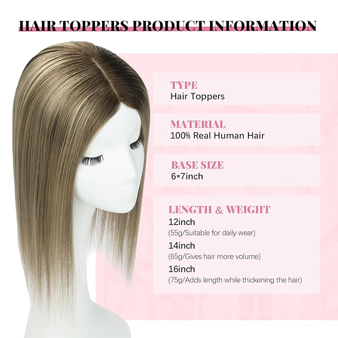 Hair Toppers for Women Real Human Hair 360°3D Cover Toppers Pieces for Women with Thinning 16inch 75g Dark Brown To Chestnut Brown Highlight Ash Blonde 6x7inch (#2/6/18Toppers-16inch)