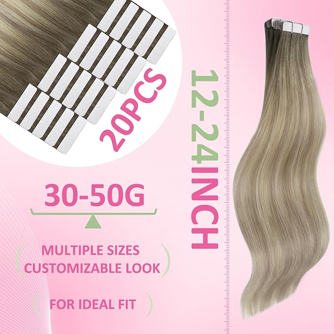 YoungSee Balayage Tape in Hair Extensions Human Hair Ash Blonde with Platinum Blonde Ombre Tape in Extension Ombre Hair Extensions Real Human Hair Tape in for Women Invisible 16In 50g 20pcs