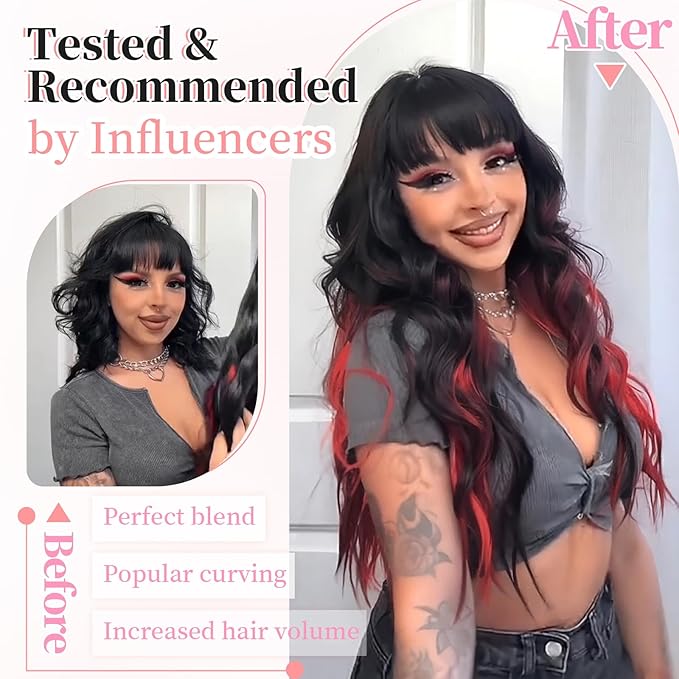 KooKaStyle Hair Extensions Black Mix Red Highlights 1B/113# Clip in Synthetic Highlight Hair Extensions Long Wavy 4PCS Thick Hairpieces 20 Inch for Women