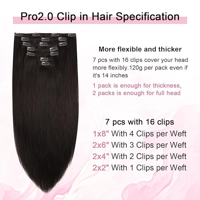 Pro2.0 Clip in Hair Extensions Real Human Hair 20inch 7pcs Color #2 Dark Brown Remy Real Human Hair Extensions Clip ins 120g Thick Seamless Double Weft for Women（#2-20inch）