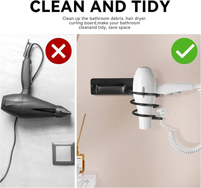 YUET Hair Dryer Holder Hairdryer Station Wall Mounted Spiral Shelf Bracket Stand Hanger Straightener Organizer Blow Storage with Holes Rack for Bathroom Aluminum Professional (Black)
