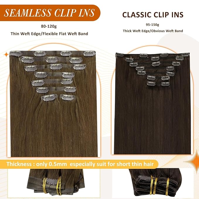Full Shine Clip in Hair Extensions Real Human Hair Medium Brown Seamless Hair Extensions Clip in Straight Seamless Human Hair Clip ins 16 Inch 120 G 8 PCS