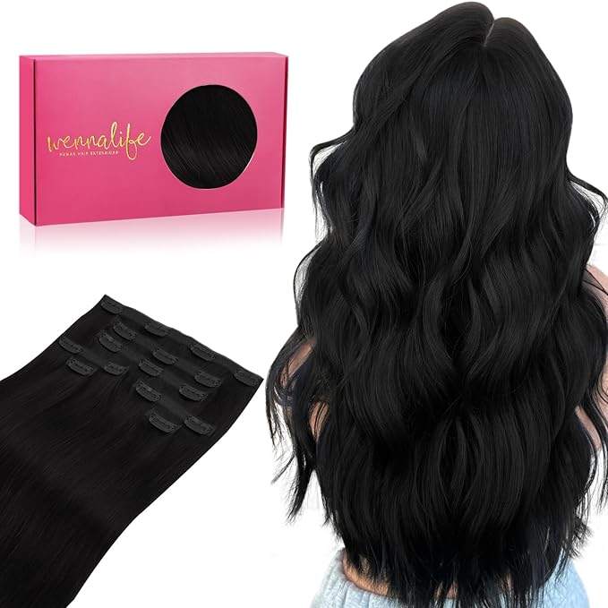 WENNALIFE Lace Seamless Clip in Hair Extensions Human Hair 7pcs Ultra Invisible 50% Thinner Seamless Clip Ins Jet Black Natural Remy Hair 20 inch