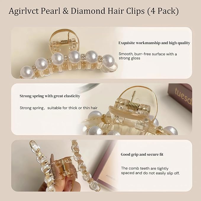Hair Clips for Women & Girls, Strong Hold Non Slip Hair Barrettes, Elegant Pearl Crystal Rhinestone Hair Claw Clips, Party Wedding Hair Accessories Christmas Gift for Wife Thick Thin Hair (4 PCS)