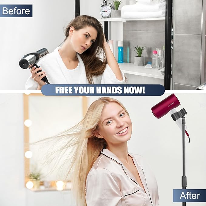 Hair Dryer Stand Hands Free - Heavy Duty Blow Dryer Stand Holder with Larger Clamp, 49in- 61in Height Adjustable Blow Dryer Floor Stand Countertop Stand Holder with Heavy Base for Women Pets