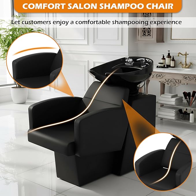 Salon Shampoo Bowl and Chair Set, Shampoo Barber Backwash Chair, Adjustable Splash-Proof Ceramic Bowl Hair Washing Station for Spa Beauty Salon