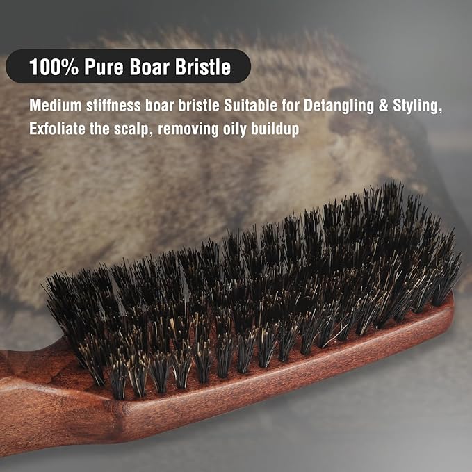 BRUSHZOO Hair Brush, Boar Bristle Hair Brush for Women Men Short Thin Fine Hair, Beech Handle Hairbrush for Hair Detangle Smooth