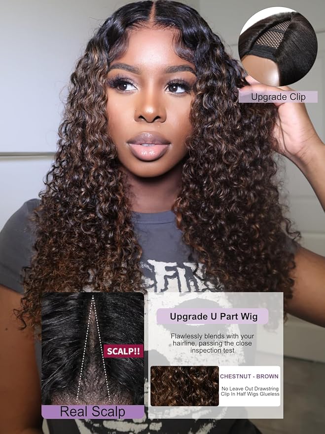 YIROO EasiContour V Part Ombre Brown Human Hair Wig Curly 12A Glueless Upgrade U Part Wig Ombre Black to Chestnut Brown No Leave Out V Shape Clip Wigs Ready to Go 150% Density Beginner Friendly 14Inch