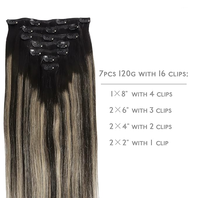 WENNALIFE Clip in Human Hair Extensions, 22 Inch 120g 7pcs Balayage Natural Black to Light Blonde Hair Extensions, Real Human Hair Remy Double Weft