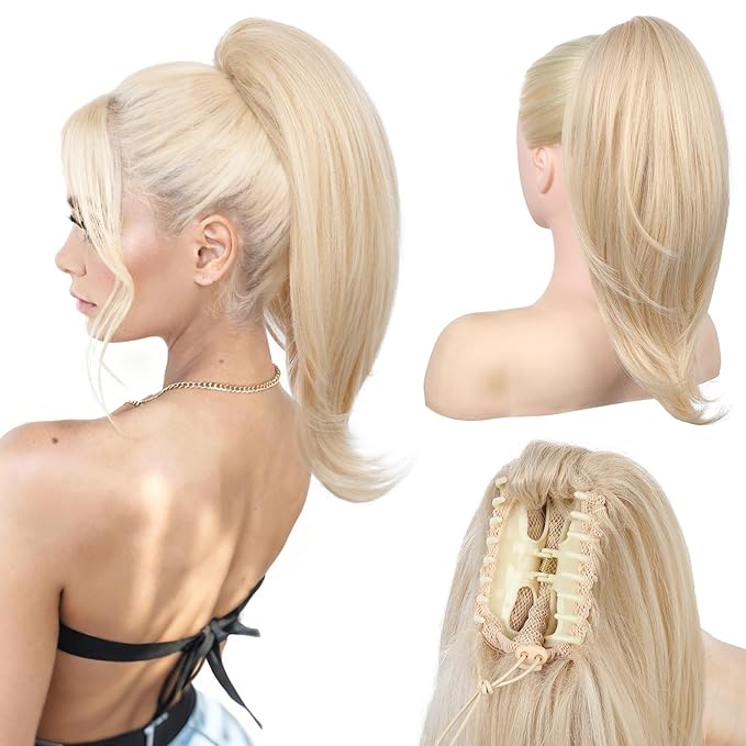 Ponytail Extension – 16” Claw Clip in Ponytail Hair Extensions Natural Soft Synthetic High Pony Tail Hairpieces for Women (Light Blonde, 16inch)