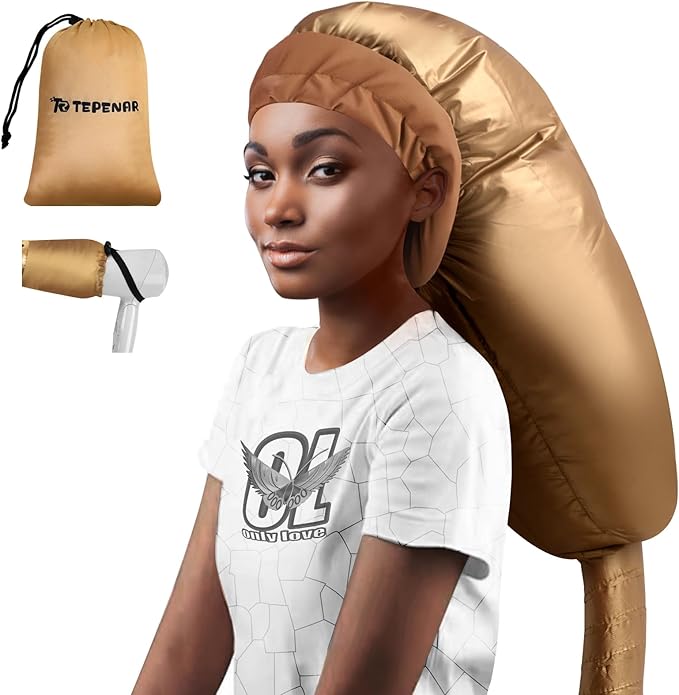 Hair Dryer Bonnet Attachment: Upgraded Extra Large Hooded Dryer Adjustable Hair Dryer Caps - Easy to Use for Natural Curly Textured Hair Care Styling Fast Drying - Gold