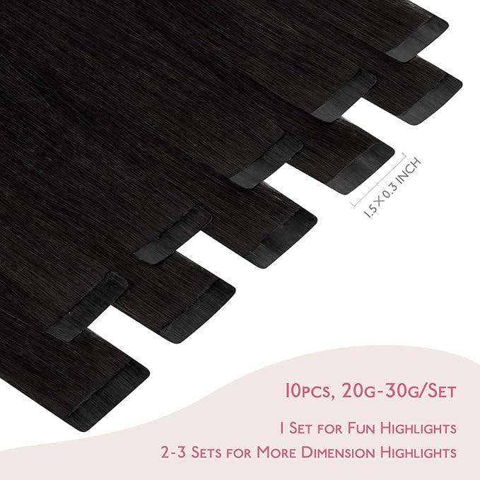 WENNALIFE Tape in Hair Extensions Human Hair Jet Black Tape in Extensions, 10pcs 25g 14 inch Remy Invisible Tape Ins Straight Colored Soft Real Human Hair Tape in Extensions Refill Set Extensions