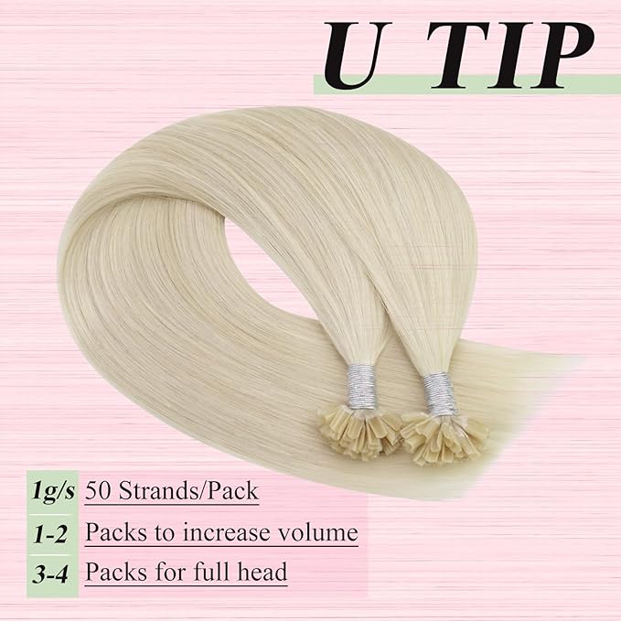 YoungSee Blonde U Tip Hair Extensions Human Hair Hot Fusion K Tips Human Hair Extensions Platinum Blonde Utips Hair Extension Real Hair for Thin Hair Keratin Hair Extension 18In 1G/S 50G
