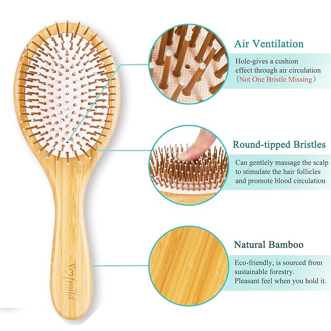 Sofmild Bamboo Wooden Paddle Hair Brush Comb Set, Hairbrushes for Women Men Kid Detangling Hair Massaging Scalp with Round Tip Bristles for All Hairstyles (Pink Wooden)