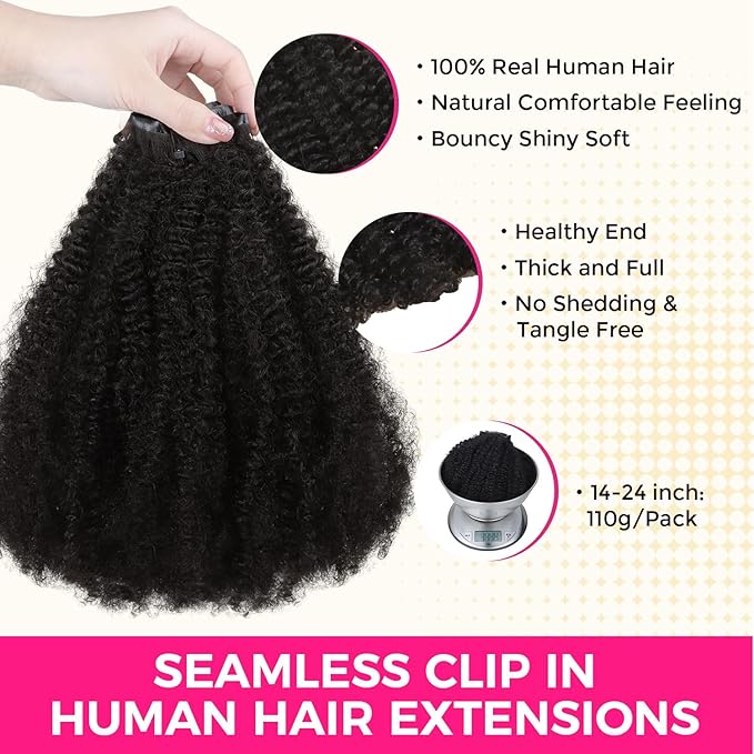 Lashey Seamless Clip in Hair Extensions Human Hair 18 Inch Afro Kinky Curly Clip in Hair Extensions Real Human Hair 110g 7pcs Natural Black Hair Extension Clips for Women