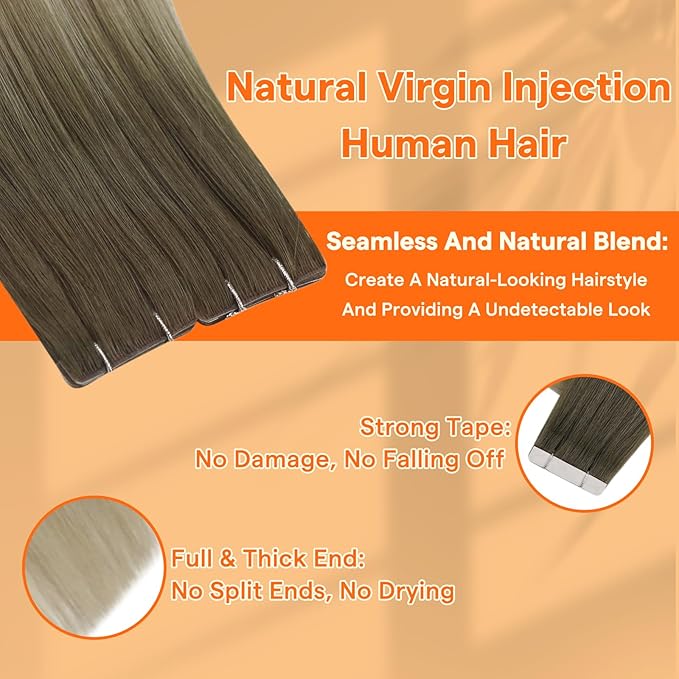 Full Shine Ombre Injected Tape in Hair Extensions Human Hair Blonde and Brown Balayage Machine Remy Extensions 22Inch Seamless Injection Virgin Tape ins Human Hair Extensions 25Gram 10Pcs