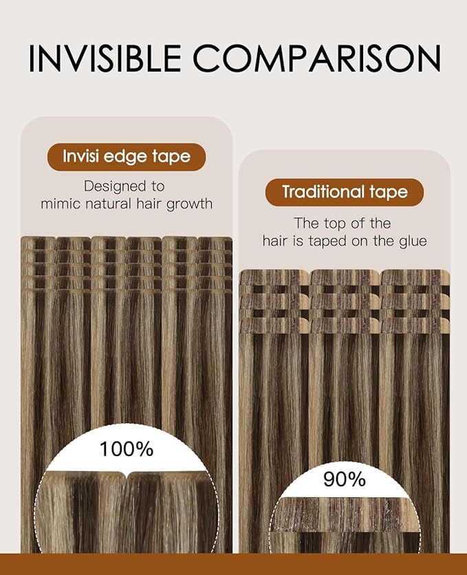 VINBAO Invisi Edge Tape in Extensions Human Hair, 55g 20in 20pcs Chocolate Brown Highlighted Caramel Blonde Injected Tape in Hair Extensions Thick Ends 20inch #4P27