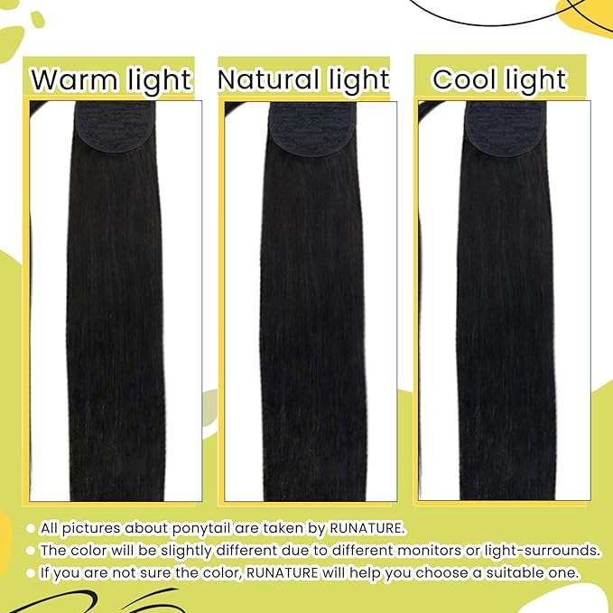 RUNATURE Ponytail Extension Real Human Hair, Long Human Hair Ponytail 20 Inch, Black Ponytail Extension Wrap Around, Straight Remy Natural Hair, Add Length, 80g #1B Off Black