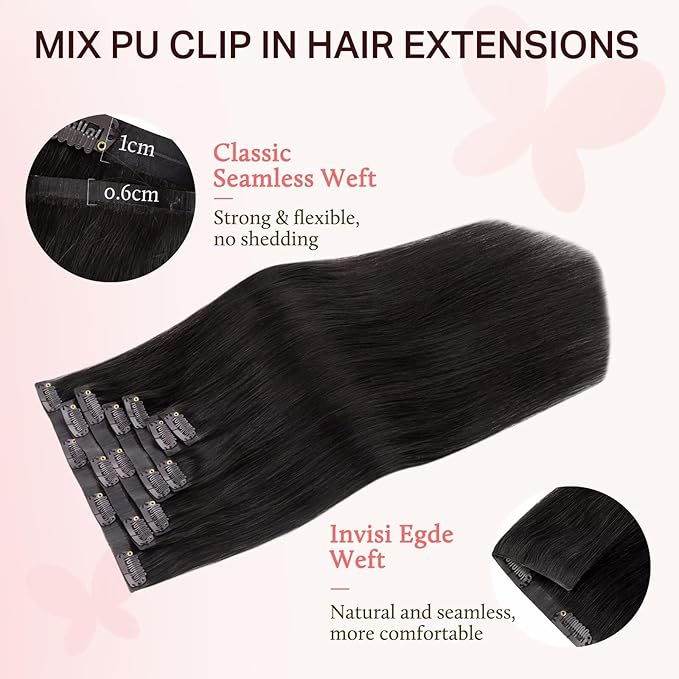 DOORES Clip in Hair Extensions Set 16 Inch 130g, 4pcs Invisi Edge Clip ins and 3pcs Classic Seamless Clip ins, Injected Virgin Real Human Hair Extensions Natural Invisible Straight, #1B