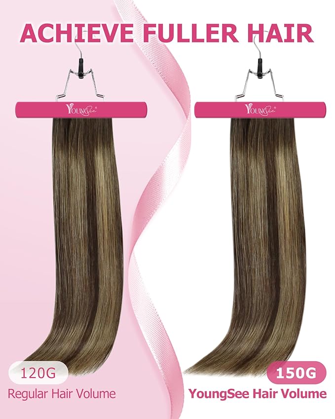 YoungSee 150G Clip in Human Hair Extensions Balayage Chocolate Brown Mix Caramel Blonde Long Straight Hair Extensions Clip ins Reusable Clip Hair Extension Human Hair Long 22inch 7pcs