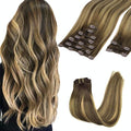 GOO GOO Clip in Hair Extensions Real Human Hair, Remy Human Hair Extensions Clip ins for Women, Natural Human Hair, 18inch 150g 9Pcs, 4/27/4 Balayage Chocolate Brown to Caramel Blonde