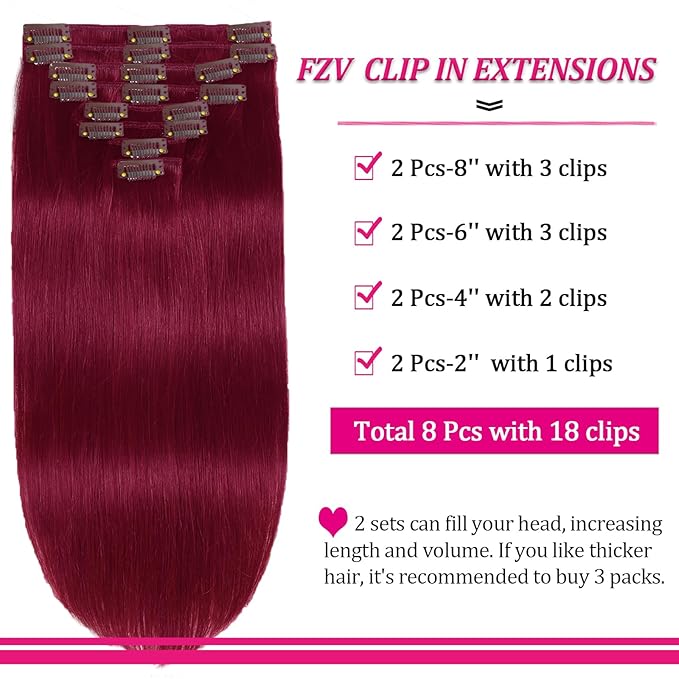 Clip in Hair Extensions Real Human Hair 125g Burgundy Real Hair Extensions Human Hair Clip ins 8pcs 18clips Double Weft Human Extensions for Women Hair Loss and Thinning Hair