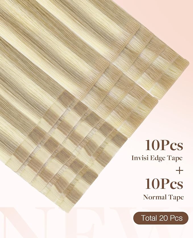 GOO GOO Invisi Edge Tape in Hair Extensions Human Hair, 18A/613A Dark Blonde Highlighted Bleach Blonde 10pcs injected with 10pcs classical tape ins, 14inch 50g, Virgin Remy Hair, Natural Look