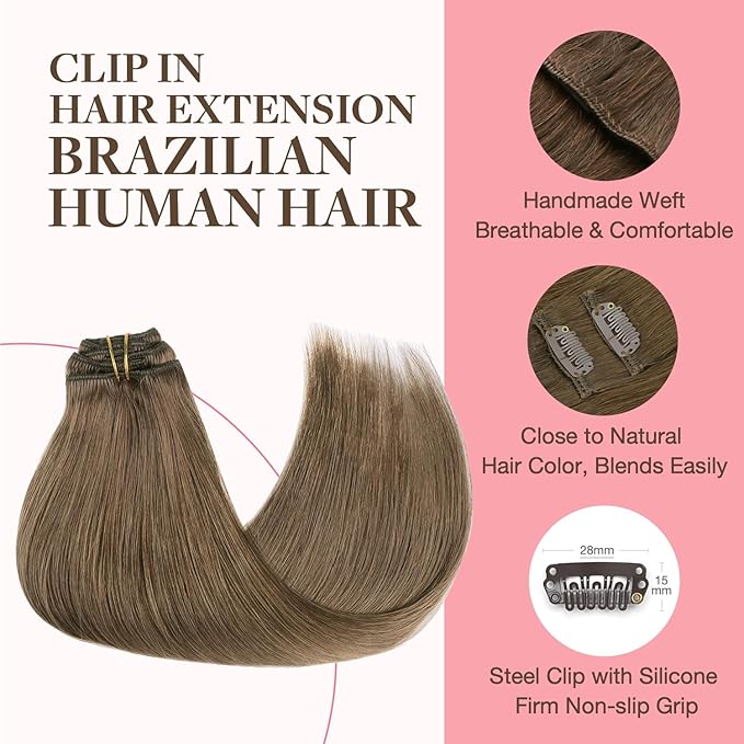 GOO GOO Clip in Hair Extensions Real Human Hair, Remy Human Hair Extensions Clip ins for Women, Natural Human Hair, 14inch 120g 7Pcs, 5 Light Ash Brown