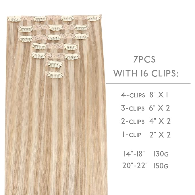 WENNALIFE Lace Seamless Clip in Hair Extensions Human Hair 7pcs Ultra Invisible 50% Thinner Seamless Clip Ins Dirty Blonde Highlighted Bleach Blonde Natural Remy Hair 18 inch