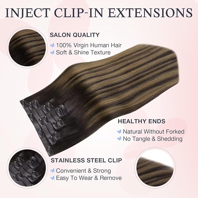 DOORES Hair Extensions Real Human Clip in 16 inch 110g 7pcs Invisi Edge, Seamless Clip in Hair Extensions Invisible Clipins Virgin Injected Skin Weft, 2/6/2 Dark Brown to Chestnut Brown