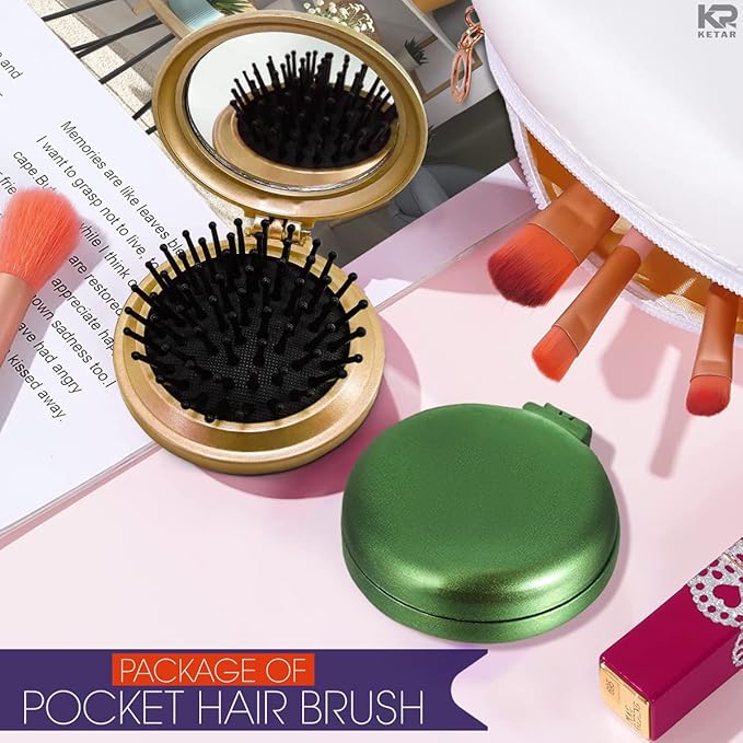 Mini Hair Brush Set of 6 - Foldable Travel Brushes for Hair in Assorted Colors – Lightweight and Portable Travel Brush for Women with Mirror for Quick Touch-Ups