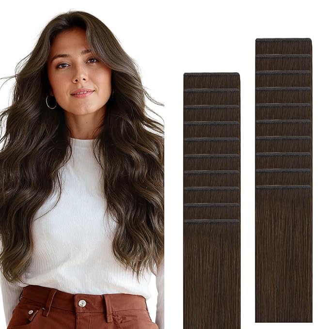 GOO GOO Genius Tape in Hair Extensions, Hand Tied Tape Weft, 4A Chocolate Brown, 18inch 50g 20pcs, Remy Human Hair, Seamless Invisible Tape, Natural Blend, Lightweight