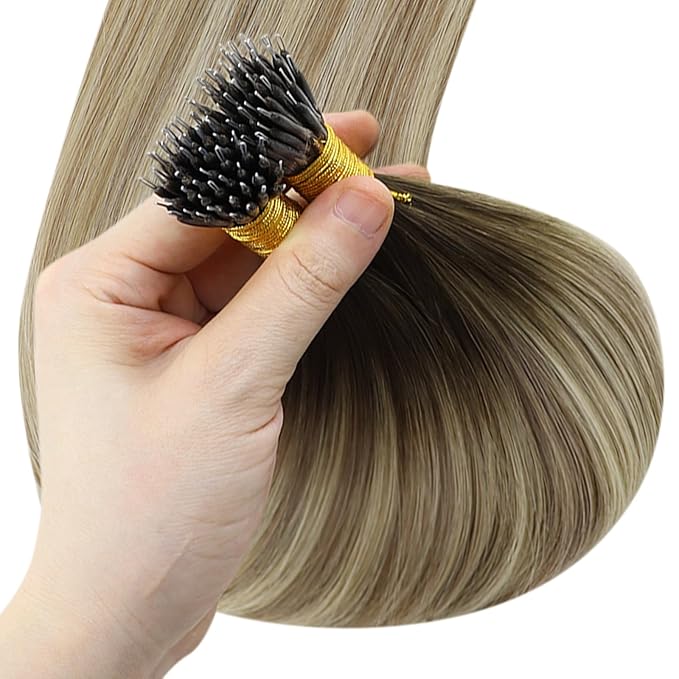 YoungSee Nano Ring Hair Extensions Brown Ombre Nano Bead Hair Extensions Human Hair Brown Ombre Light Brown with Blonde Nano-tip Hair Extension Cold Fusions 18inch for Date Nights 50s 50g