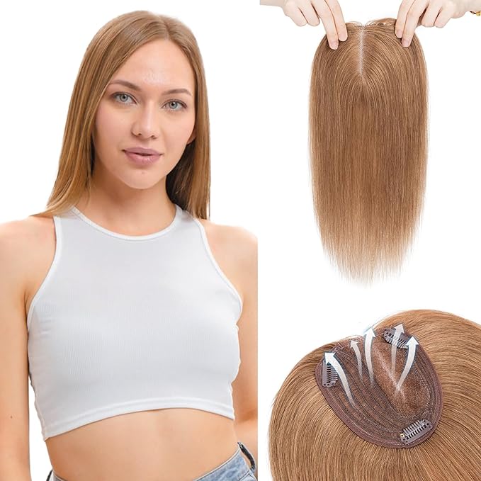 Hairro 100% Human Hair Topper No Bangs, Real Clip in Hair Hairpieces for Women, 3.94x4.72" Silk Base for Thinning Receding High Hairline, 10 Inch Light Brown Side Part