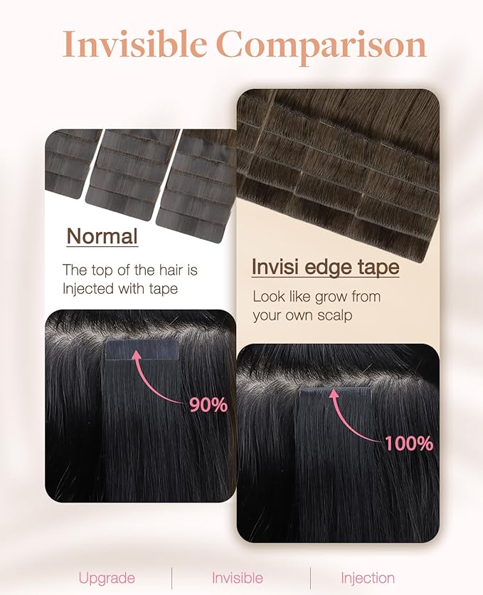 GOO GOO Invisi Edge Tape in Hair Extensions Human Hair, 4/27/4 Balayage Chocolate Brown to Caramel Blonde 20pcs injected with 20pcs classical tape ins, 16inch 100g, Virgin Remy Hair, Natural Look
